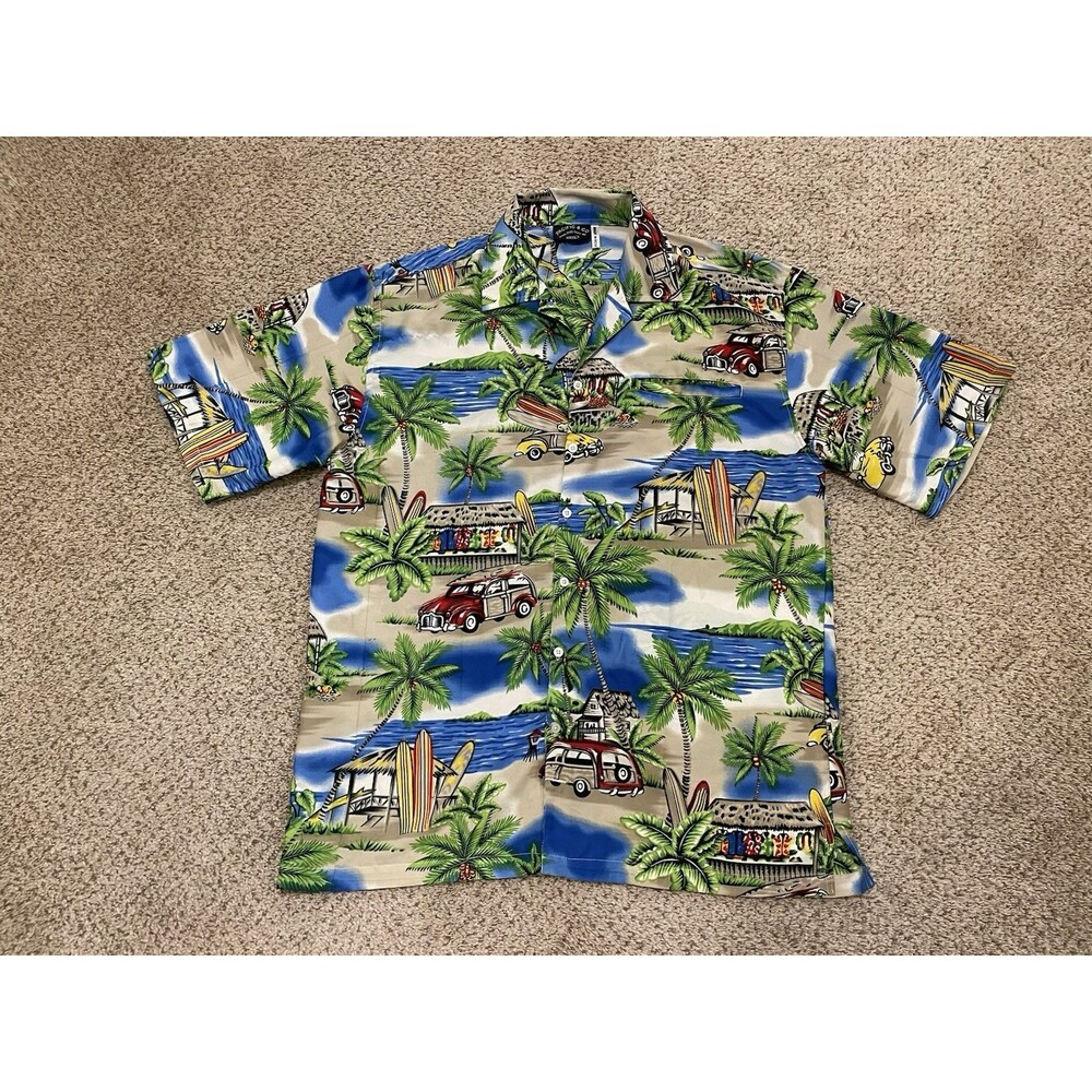 Pacific & CO Shirt Adult Large Button Up Short Sleeve Hawaiian Car Surfboard